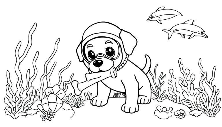 Kleurplaat van een schattige puppy met duikbril en mutsje die een bot vasthoudt, zwemmend in een onderwaterwereld met dolfijnen, zeewier, een krab en koraal.
