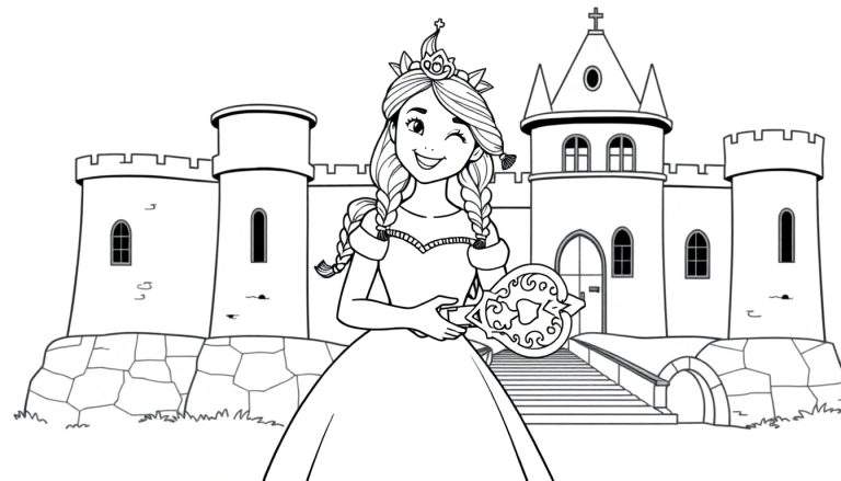 Zwart-wit lijntekening van een prinses die een sleutel vasthoudt met een kasteel op de achtergrond.