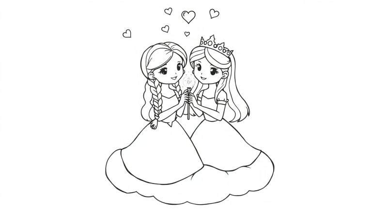 Kleurplaat van twee lachende prinsessen met lange jurken, die samen een magische toverstaf vasthouden met sterretjes, boven hen zweven hartjes.