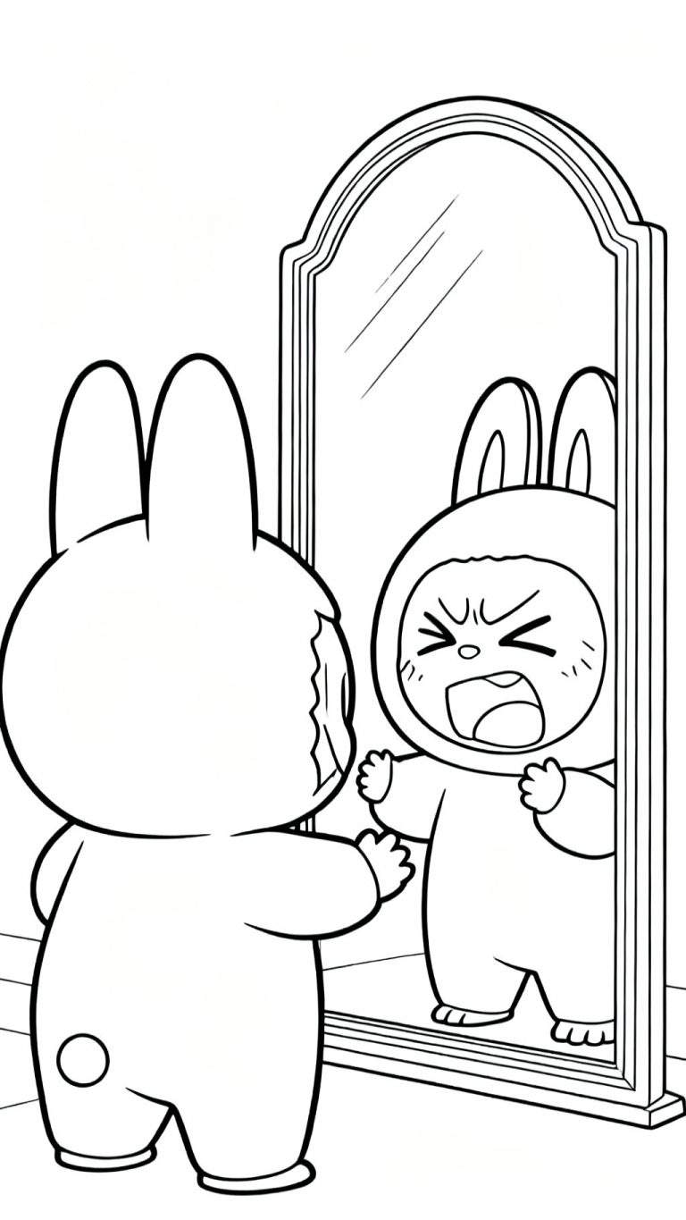 Zwart-wit lijntekening van een schattig Labubu konijntje dat een sierlijke spiegel aanraakt. De reflectie in de spiegel toont hetzelfde konijntje, maar dan met een woedende uitdrukking, schreeuwend met gebalde vuisten en een capuchon op, wat een sterk emotioneel contrast creëert.