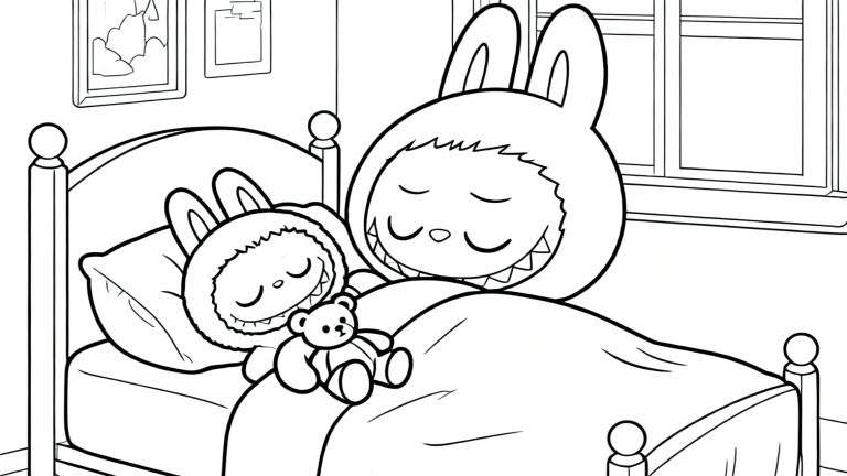 Zwart-wit Labubu kleurplaat met twee slapende konijnachtige figuren in een bed, waarvan één een teddybeer vasthoudt, in een rustige slaapkamer.