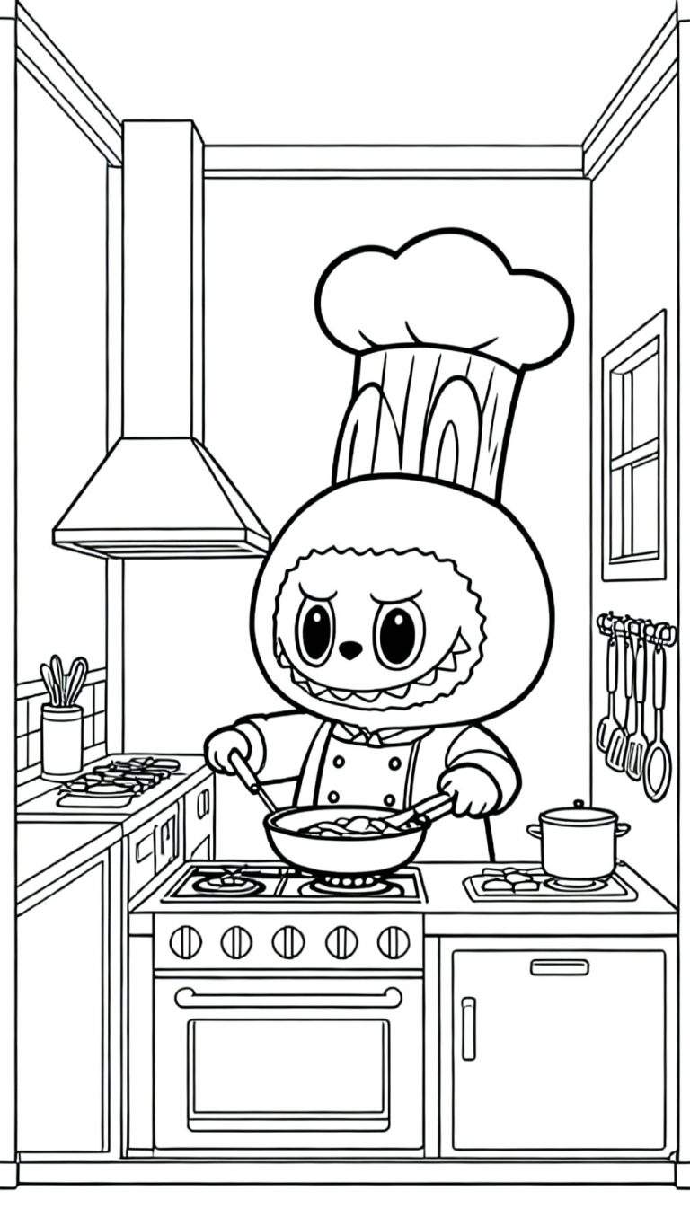 Labubu cartoon chef-kok met nors gezicht roert in koekenpan op gasfornuis in gedetailleerde keuken met oven, afzuigkap en keukengerei.
