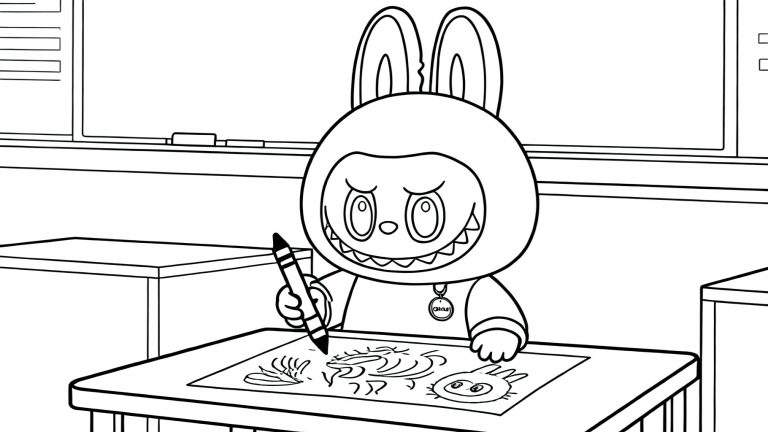 Zwart-wit lijntekening kleurplaat van Labubu in ondeugend konijnenkostuum met GUCCI-ketting, tekenend aan een bureau in een klaslokaal met schoolbord.