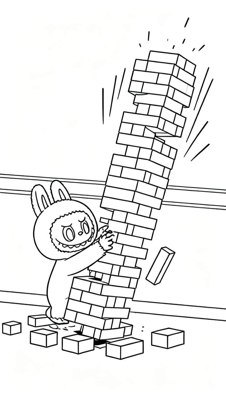 Labubu in een pluizig konijnenpak probeert een instortende Jenga-toren vast te houden, met vallende blokken en een bezorgde uitdrukking.