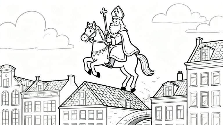 Sinterklaas op zijn schimmel die op de achterpoten balanceert op een dak, met gedetailleerde huizen eronder en wolken erboven. Lijntekening kleurplaat.