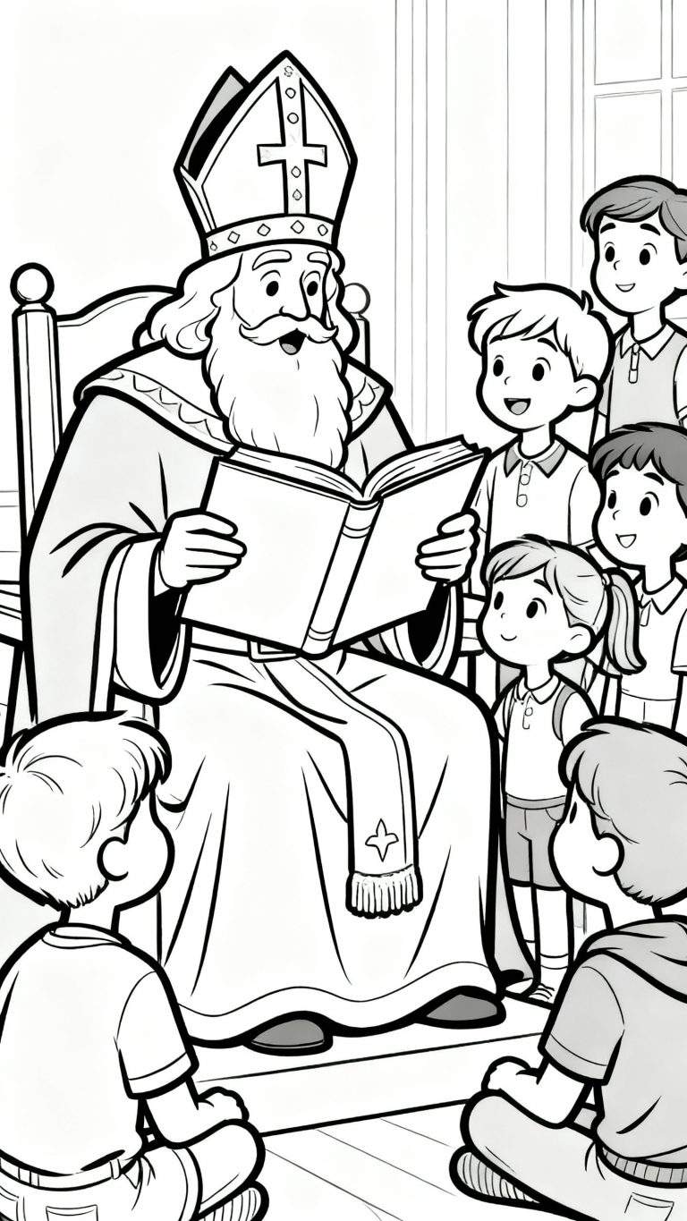 Kleurplaat van Sinterklaas met mijter en bisschopsgewaad, die voorleest uit een groot boek aan een groep aandachtig luisterende kinderen in een kamer.