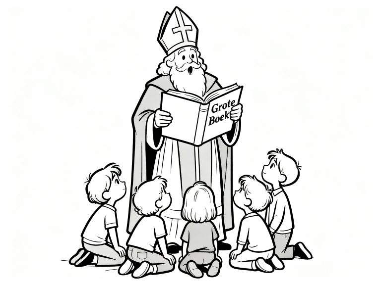 Zwart-wit kleurplaat van Sinterklaas die voorleest uit een groot boek aan zes aandachtig luisterende kinderen die om hem heen zitten.