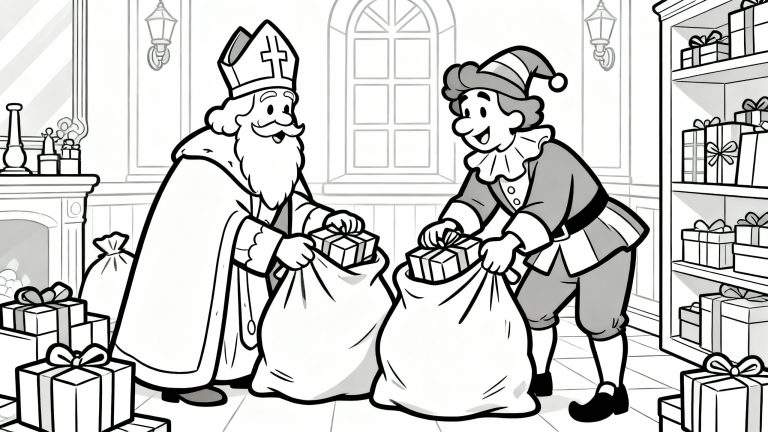 Kleurplaat van Sinterklaas en Piet die lachend cadeaus in grote zakken stoppen in een feestelijke kamer vol pakjes.