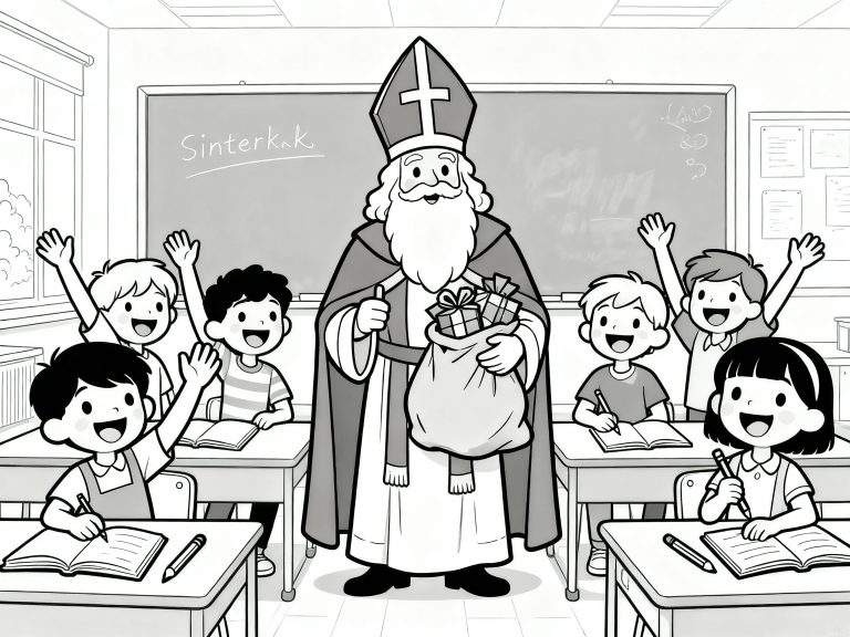 Zwart-wit kleurplaat van Sinterklaas in een klaslokaal, omringd door zes lachende kinderen. Sinterklaas heeft een zak cadeautjes, kinderen steken handen op of schrijven. Schoolbord met 'Sinterk.k'. Labubu thema.
