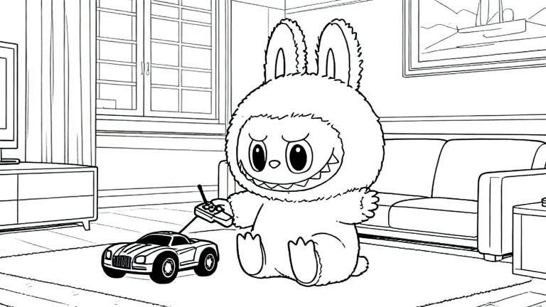 Zwart-wit kleurplaat van Labubu in een konijnenpak, zittend op een vloerkleed, met een afstandsbediening die verbonden is met een bestuurbare auto. Rechts een bank, links een tv en raam in een woonkamer setting.