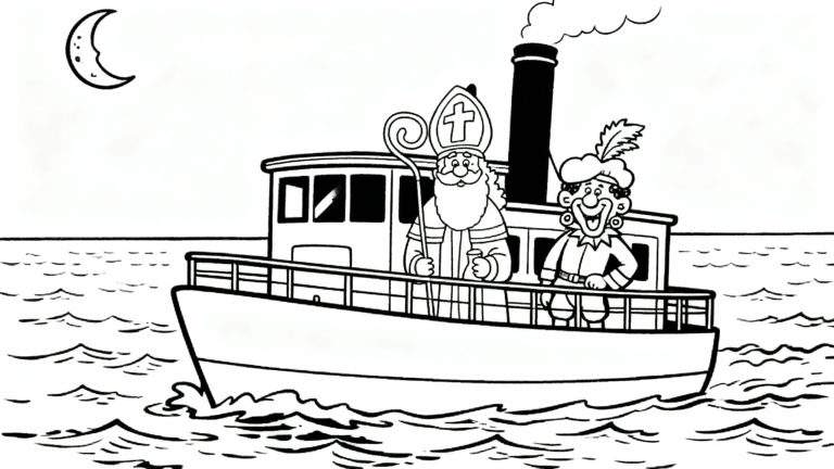 Kleurplaat van Sinterklaas en Zwarte Piet op de stoomboot, varend onder een maansikkel door golvend water.