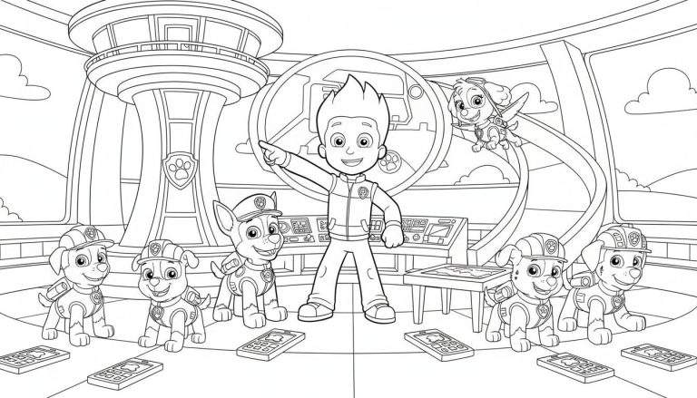 Kleurplaat van Paw Patrol met Ryder, zes glimlachende pups (Marshall, Rubble, Chase, Zuma, Rocky en een pup met bouwhelm) en vliegende Skye in de hoge, futuristische uitkijkpost met consoles en wolken op de achtergrond.