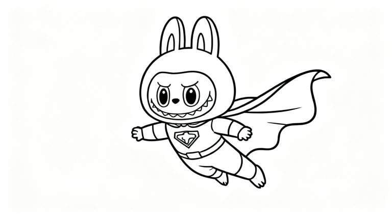 Zwart-witte lijntekening van Labubu als vliegende superheld, met lange oren, cape, schildsymbool en een ondeugende glimlach.