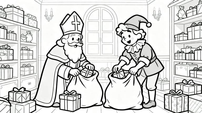 Zwart-wit kleurplaat van Sinterklaas en Piet die samen cadeaus in grote zakken pakken in een pakhuis vol geschenken, met een raam en wandkandelaren op de achtergrond.