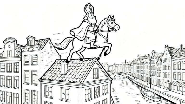Kleurplaat van Sinterklaas op witte paard Amerigo springend over daken van grachtenpanden, met gracht, bootje en brug op de voorgrond.