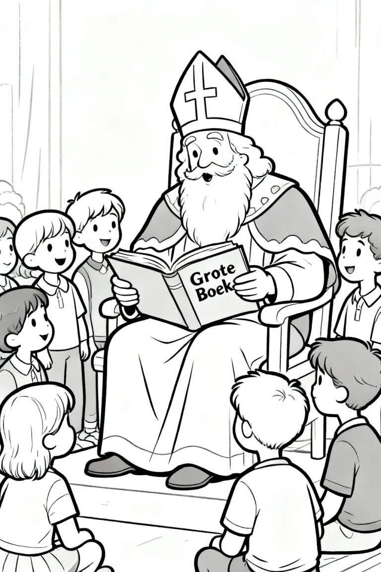 Zwart-wit kleurplaat van Sinterklaas op een versierde troon, voorlezend uit het Grote Boek aan een groep aandachtig luisterende kinderen met verschillende haarstijlen en houdingen.