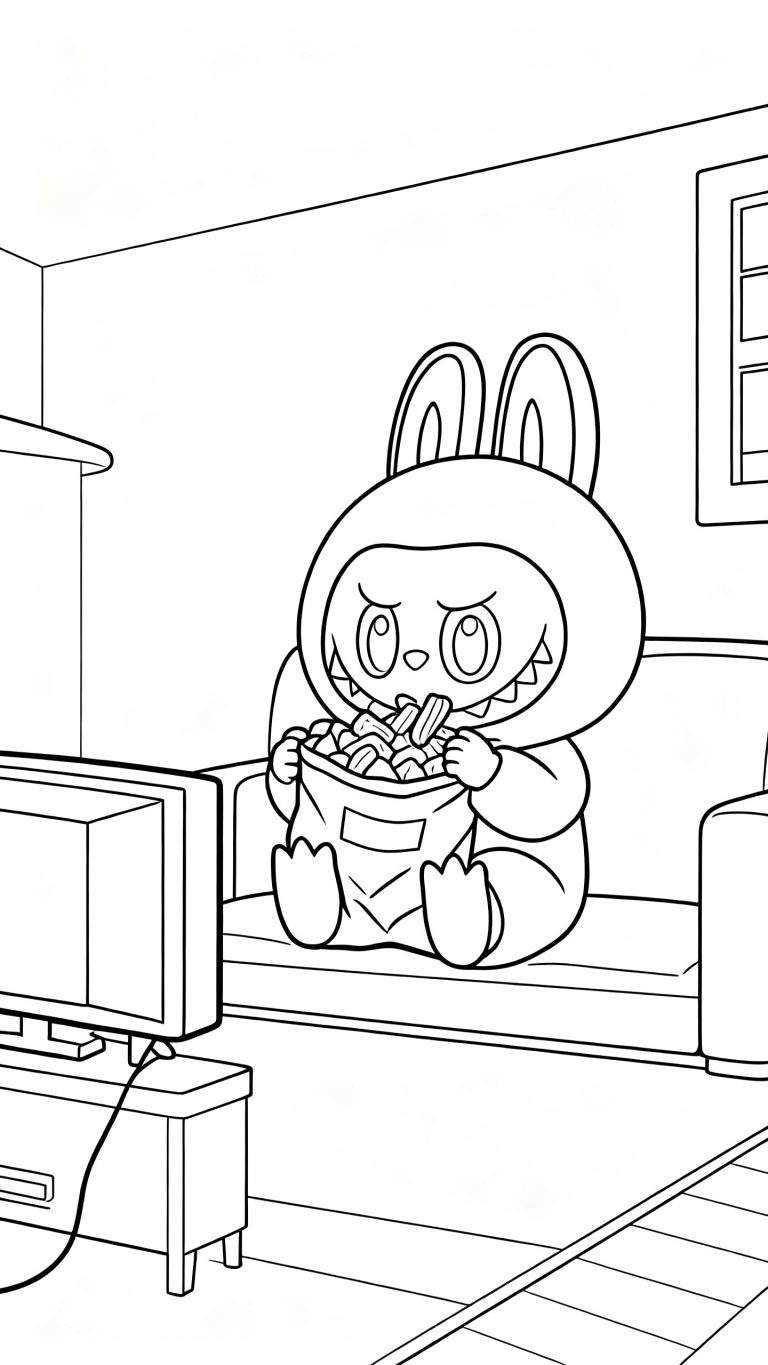 Zwart-wit kleurplaat van Labubu-figuur in een konijnenpak op een bank, etend uit een zak snacks terwijl het naar een televisie kijkt in een knusse woonkamer. Een raam en een plank zijn ook zichtbaar.