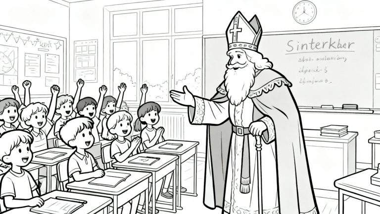 Kleurplaat van Sinterklaas in een klaslokaal, omringd door lachende kinderen die hun handen opsteken.