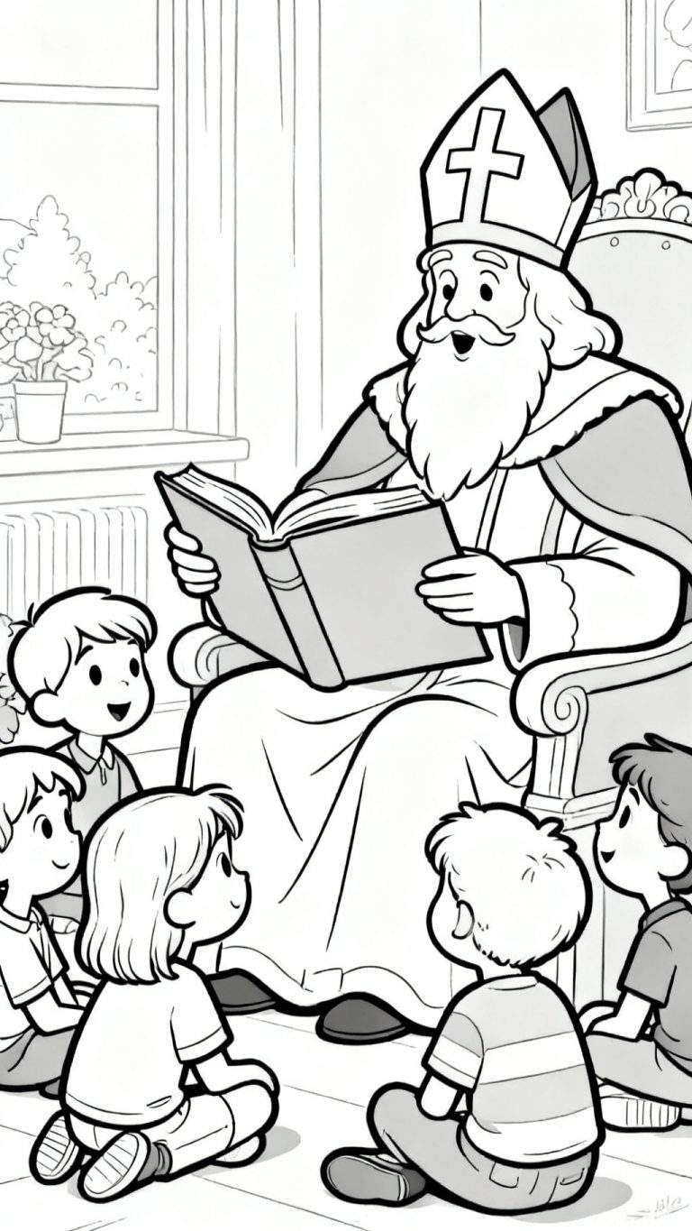 Zwart-wit kleurplaat van Sinterklaas die in een fauteuil zit en een open boek voorleest aan zes aandachtig luisterende kinderen die op de grond zitten. De kamer heeft een raam met bloemen en een radiator.