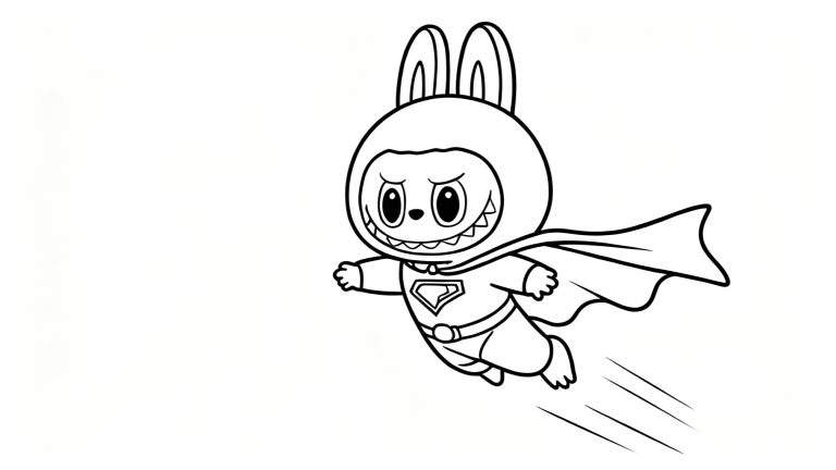 Lijntekening van Labubu, een superheld konijn, vliegend door de lucht met een wapperende cape, een diamantvormig embleem op de borst, puntige tanden en snelheidstrepen achter de benen.