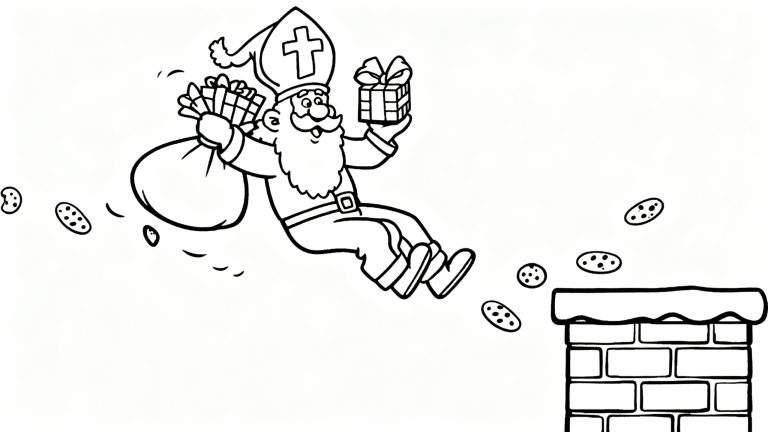 Zwart-wit kleurplaat van een lachende Sinterklaas die zweeft boven een schoorsteen, met een zak vol cadeaus, een klein pakje en vallende pepernoten.