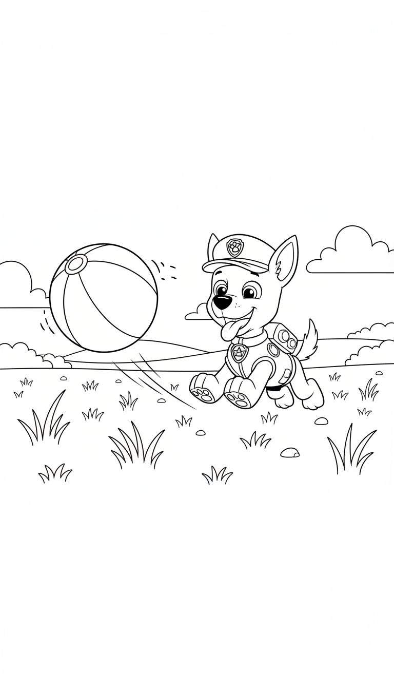 Kleurplaat van Chase van Paw Patrol, lachend spelend met een gestreepte bal in een grasveld met heuvels op de achtergrond.