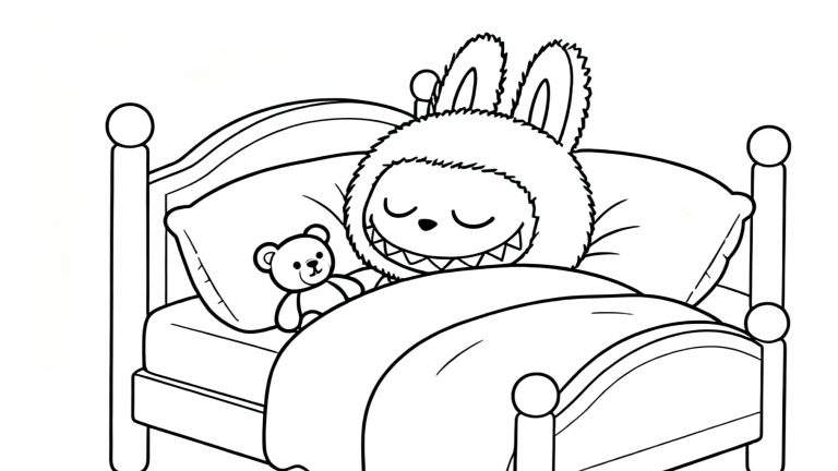 Zwart-wit kleurplaat van Labubu, een pluizig konijnachtig monster, slapend in bed met gesloten ogen, een glimlach met puntige tanden, en een kleine teddybeer naast hem. De scène is vredig en lieflijk.