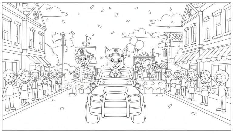Zwart-wit Paw Patrol kleurplaat van een feestelijke optocht. Chase rijdt in zijn politiewagen, gevolgd door praalwagens met Zuma als piraat en Skye en Rubble, terwijl kinderen langs de kant juichen en confetti valt.