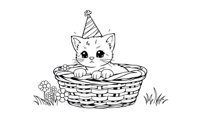 Zwart-wit tekening van een schattig katje met grote ogen en snorharen, zittend in een gevlochten mand en dragend een gestreepte feestmuts met een pluimpje. Rondom de mand bloemen en gras.