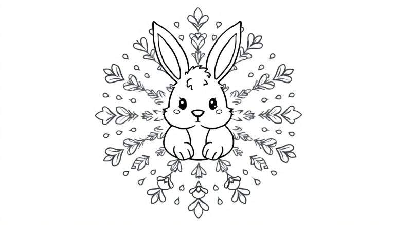 Zwart-witte kleurplaat van een schattig konijntje in het midden van een symmetrisch bloemenmandala.