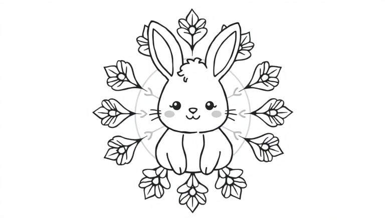 Een zwart-witte lijntekening van een lief konijntje dat rechtop zit, omringd door een decoratief, mandala-achtig patroon met bladeren of bloemblaadjes en kleine grijze pijltjes op de achtergrond.