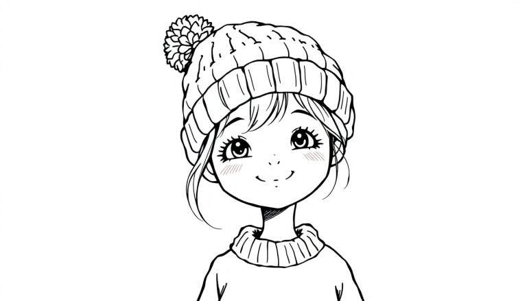 Zwart-wit lijntekening van een schattig jong meisje met een gebreide wintermuts met pompon, grote ogen, glimlach en hoge coltrui, op effen witte achtergrond.