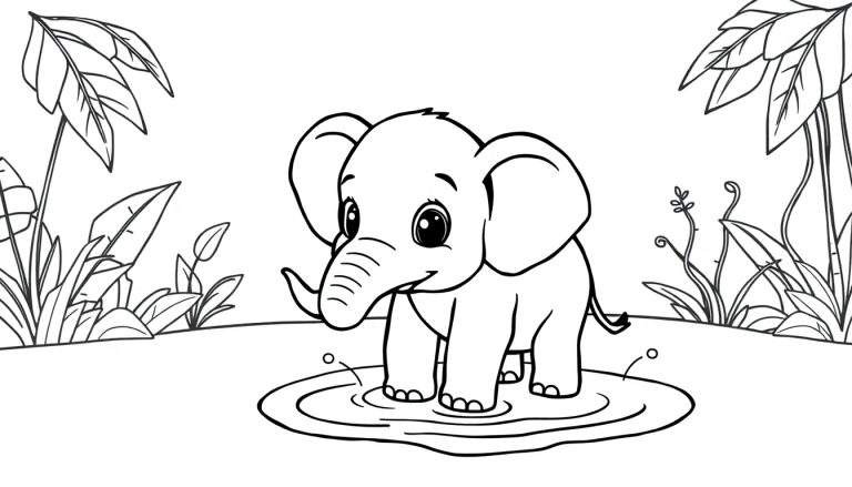 Kleurplaat van een jong olifantje met grote oren en lieve ogen dat in een plas water staat, omringd door junglebladeren.