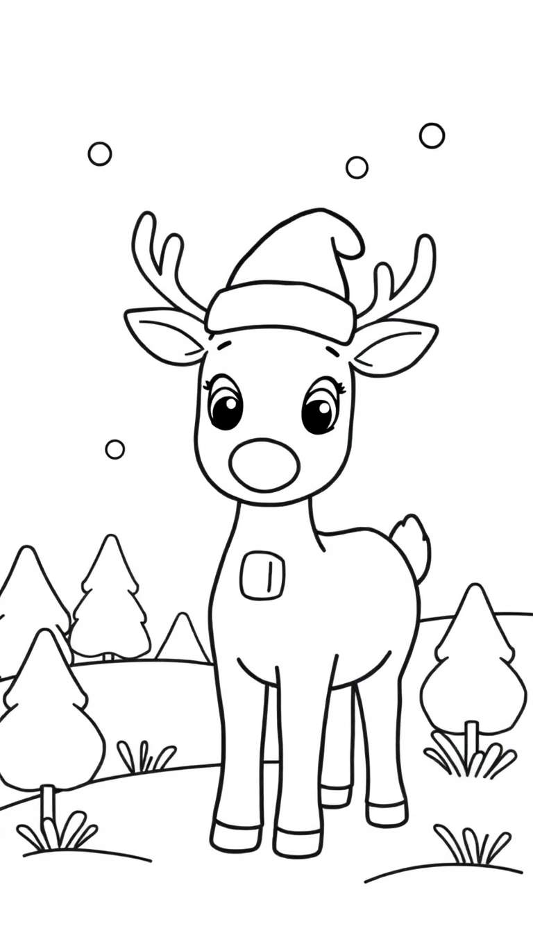 Kleurplaat van een schattig rendier met kerstmuts in een winterlandschap met dennenbomen en sneeuwvlokken.