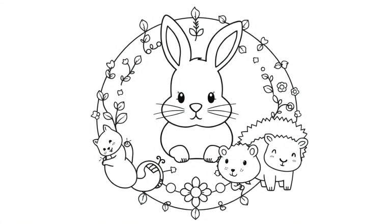 Kleurplaat met een lief konijn in het midden, een eekhoorn aan een tak links en twee egeltjes rechtsonder, omringd door een bloemenkrans.