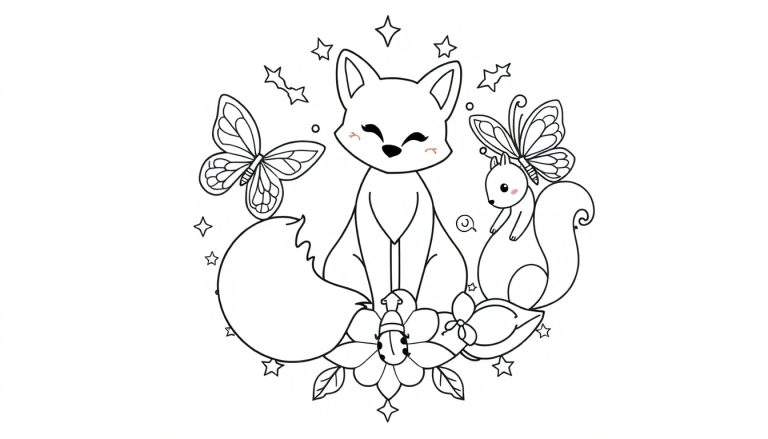 Zwart-wit tekening van een schattige vos met gesloten oogjes, een vlinder die vliegt, een eekhoorn met een vlinder op zijn hoofd, een lieveheersbeestje op een bloem, en zwevende sterretjes, allemaal in een cirkelvormige compositie.