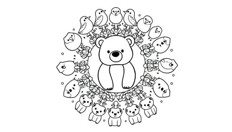 Zwart-wit lijntekening van een mandala met een centrale beer, omringd door vogeltjes, kleine beertjes en kuikentjes.