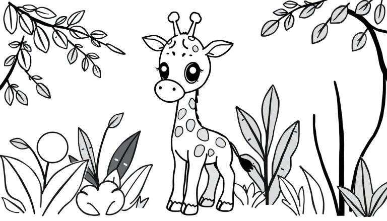 Zwart-wit kleurplaat van een schattige, jonge giraf die recht naar voren kijkt, omringd door bladeren en planten. Sommige vlekken en bladeren zijn al lichtgrijs ingekleurd.