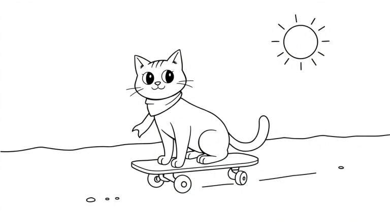 Zwart-wit lijntekening van een lachende kat op een skateboard met een sjaal, een zon en een golvende ondergrond.
