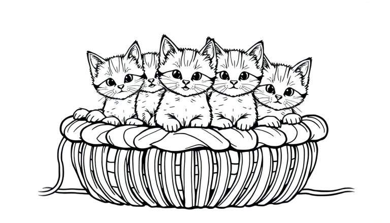 Zwart-witte lijntkening van vijf schattige kittens die dicht bij elkaar zitten in een bol wol, klaar om ingekleurd te worden.