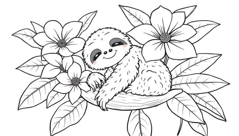 Kleurplaat van een schattige, glimlachende luiaard die op een tak ligt, omringd door bloemen en bladeren.