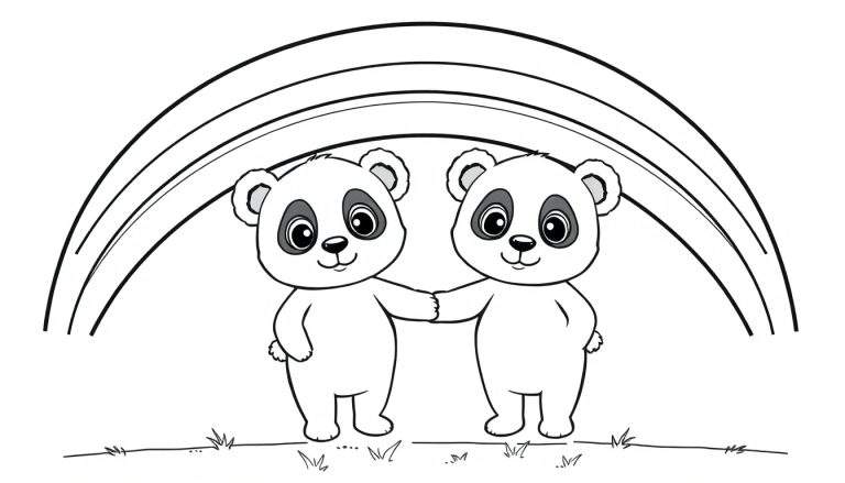 Line drawing kleurplaat van twee schattige panda's die hand in hand staan, met een regenboog op de achtergrond en wat gras aan hun voeten. De panda's zijn zwart-wit met grijze binnenoortjes en glimlachen.