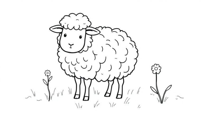 Kleurplaat van een schattig getekend schaap met een pluizige vacht, staand in een veldje met gras en twee bloemen aan weerszijden.