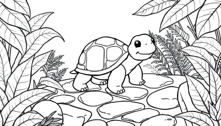 Zwart-wit lijntekening van een schattig schildpadje met een glimlach, staand op een stenen pad omringd door grote tropische bladeren en varens.