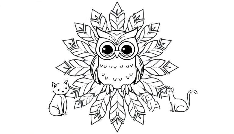 Kleurplaat van een grote, schattige uil met grote ogen, omringd door een decoratief, symmetrisch patroon. Twee katten zitten aan weerszijden van de uil, met een klein vogeltje of muisje onderaan.