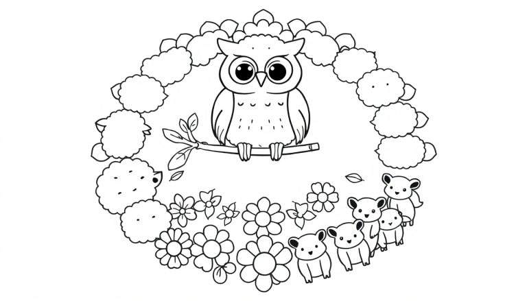 Kleurplaat van een grote, schattige uil op een tak, omringd door wolken, een egel, kleine diertjes en bloemen.