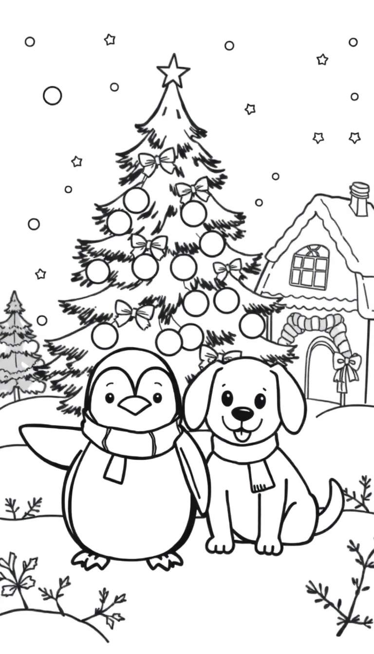 Kleurplaat van een schattige pinguïn en hondje met kerstmutsen, een kerstboom en een huisje in de sneeuw.