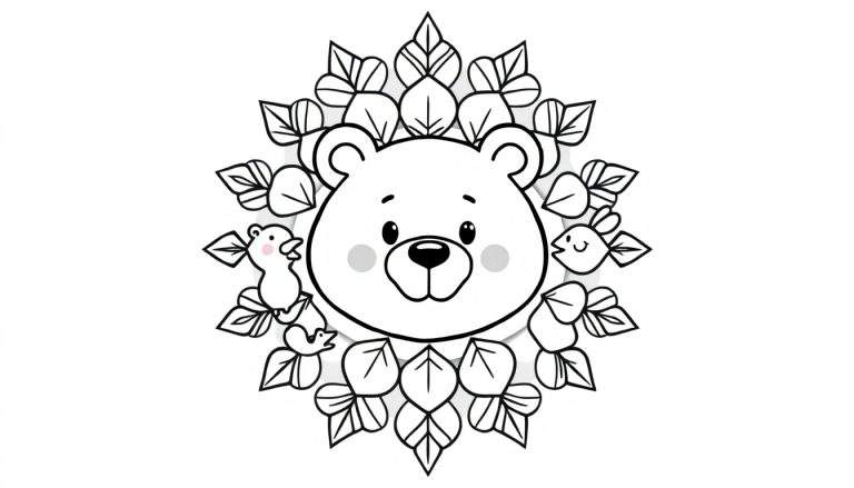 Zwart-wit kleurplaat van een schattige berenkop met roze blosjes, omringd door een krans van gestileerde bladeren, met twee kleine vogeltjes aan weerszijden. Een vogeltje zingt en heeft een blosje, het andere vogeltje lacht.