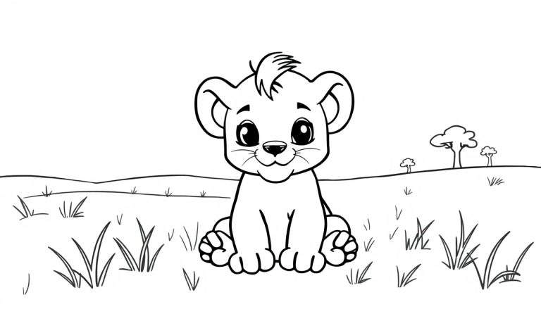 Een lieve leeuwenwelp kleurtint met grote ogen en een glimlach, zittend in een savannelandschap.