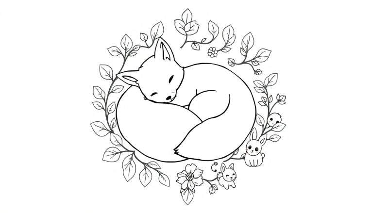 Een kleurplaat met een slapende vos in een cirkel van bladeren, met drie konijntjes en een bloem.